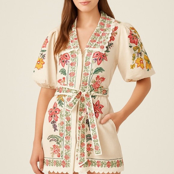 FARM Rio Pants - Farm Rio Embroidered Floral Belted Shirt Dress M Puff Sleeve Boho Cottagecore